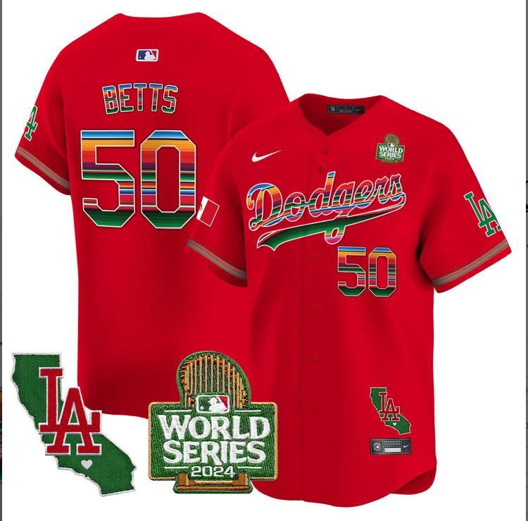 Men MLB Mexico Los Angeles Dodgers #50 betts red 2024 World Series Champions Patch Jersey 2024110->los angeles dodgers->MLB Jersey